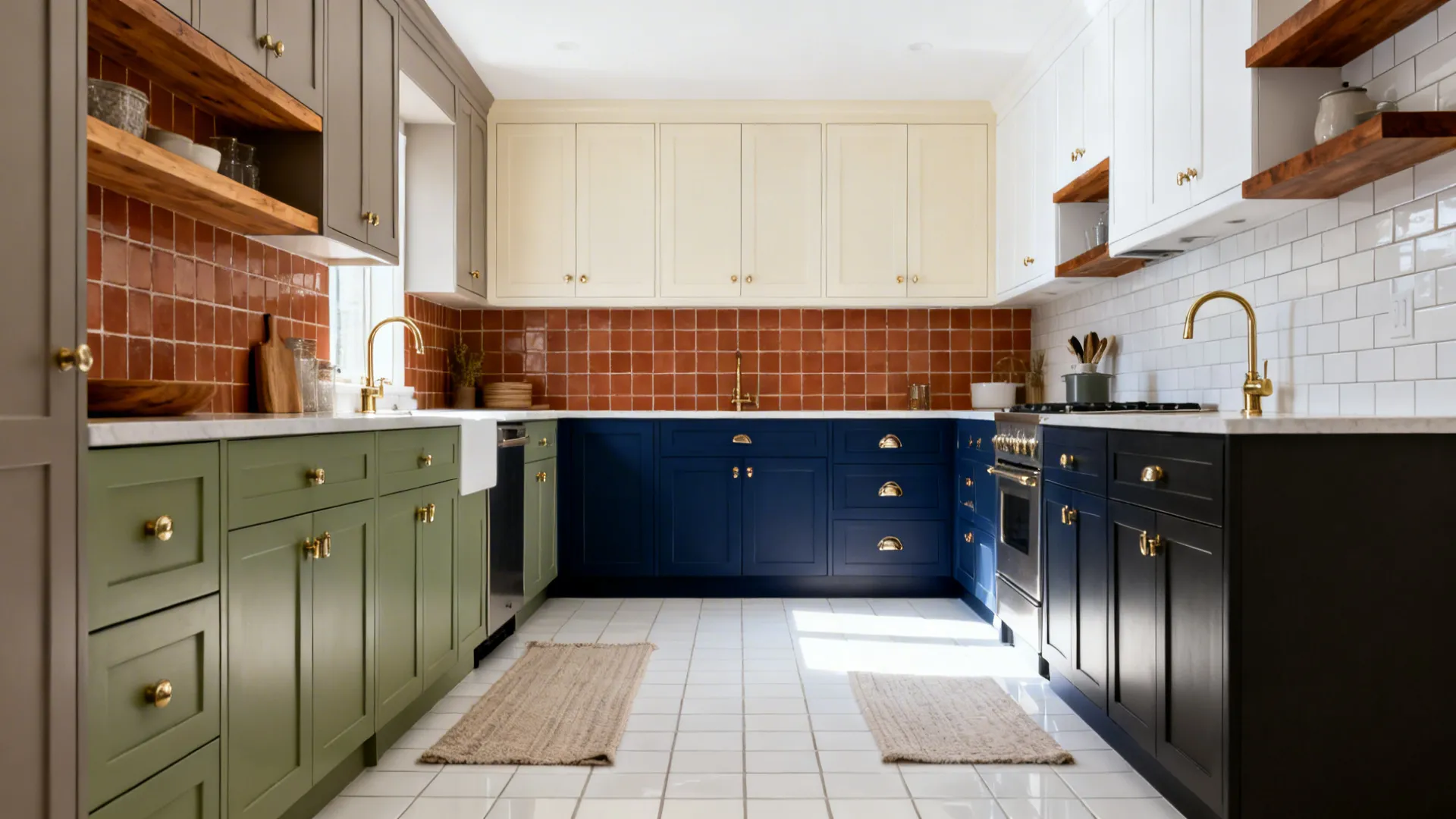 Colorful kitchen with green blue and white cabinets featuring red wall tiles and white floor