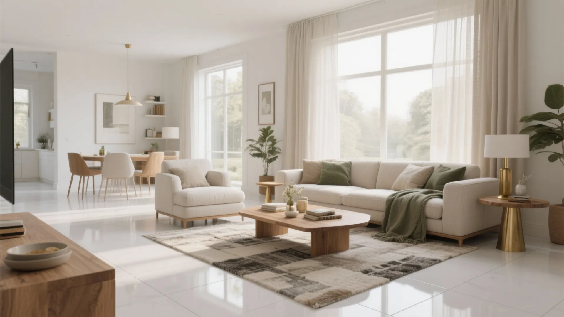 Bright modern living room with cream sofa wood coffee table white tile floor and curtains