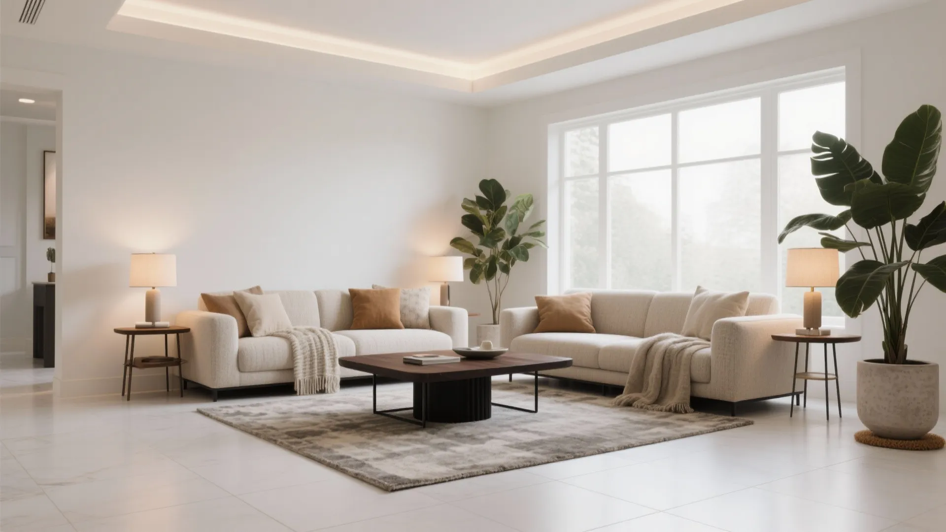 Modern living room featuring cream sofas wooden coffee table large windows green plants and floor tiles