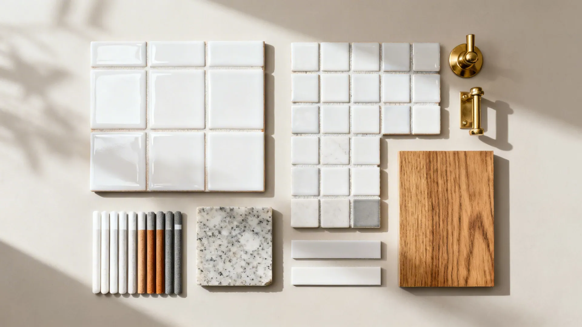 Top-down board of white tile finishes, grout tones, quartz, oak, and brass hardware.