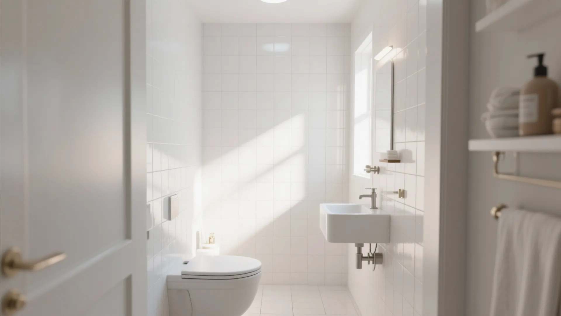 Modern white bathroom with small square wall tiles, floating wash sink, toilet, and natural sunlight