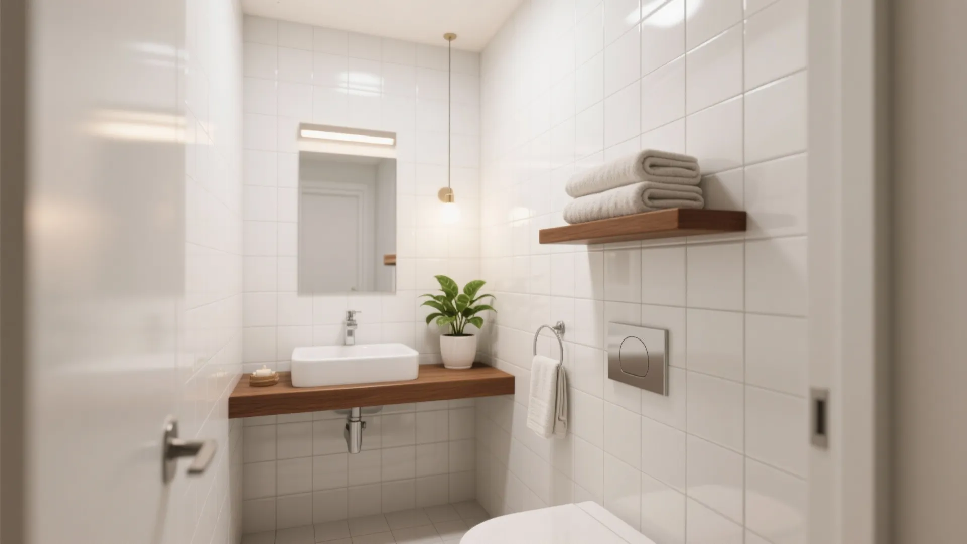 Bright white tiled bathroom with wood accents and a small green plant