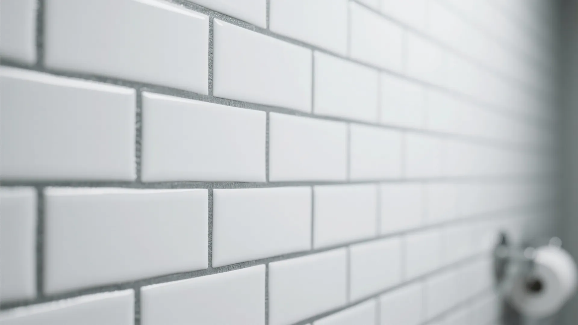 Close up view of white rectangular wall tiles with grey grout in a clean modern bathroom