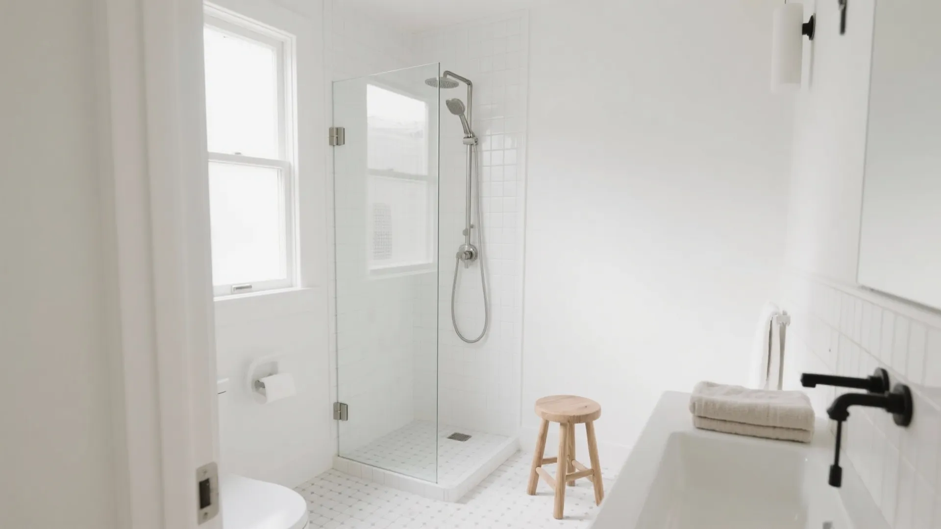 Bright white bathroom featuring glass shower door wooden stool white tiles small window and black faucet