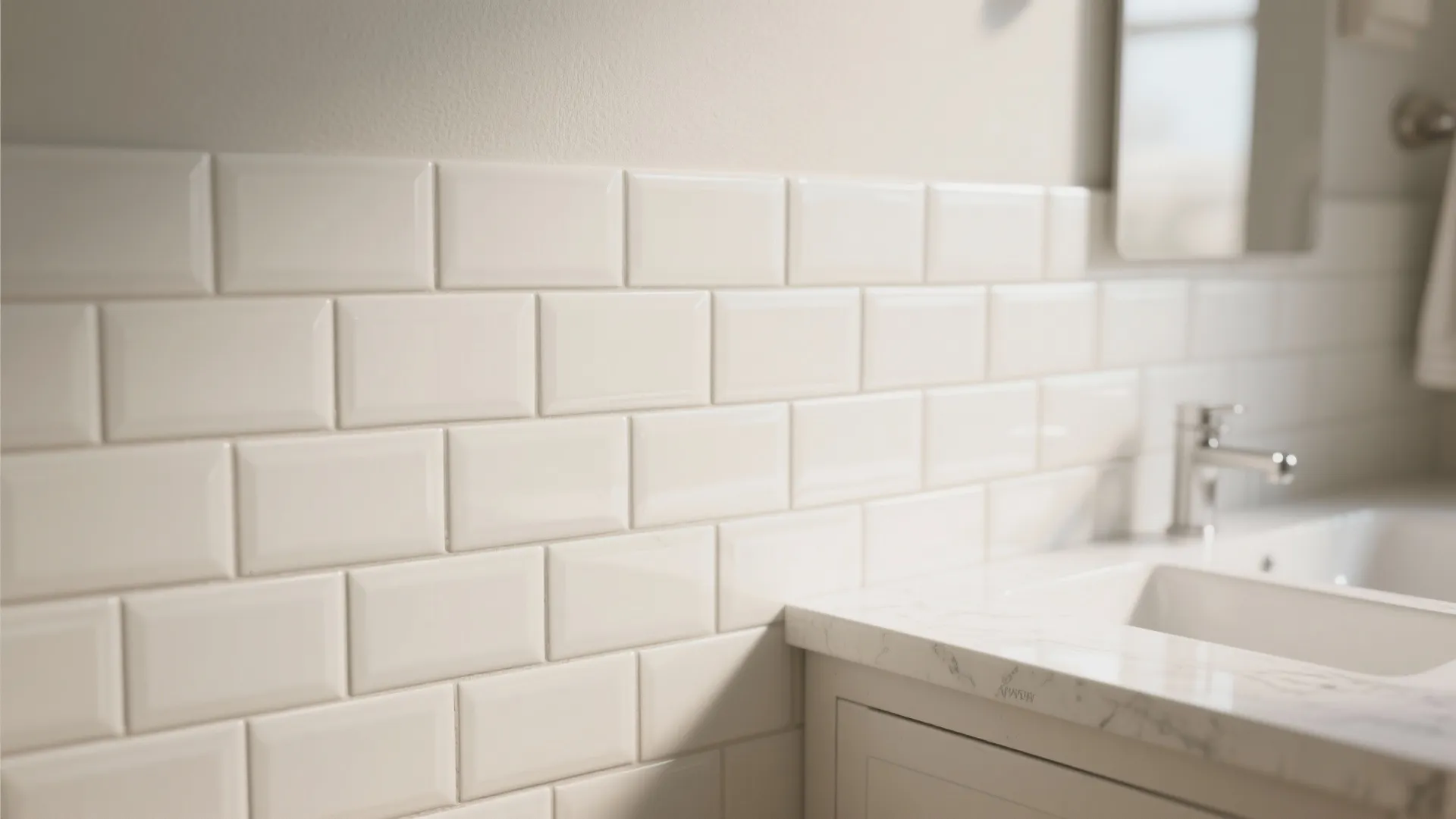 Close up view of white subway wall tiles in bathroom with marble counter and sink