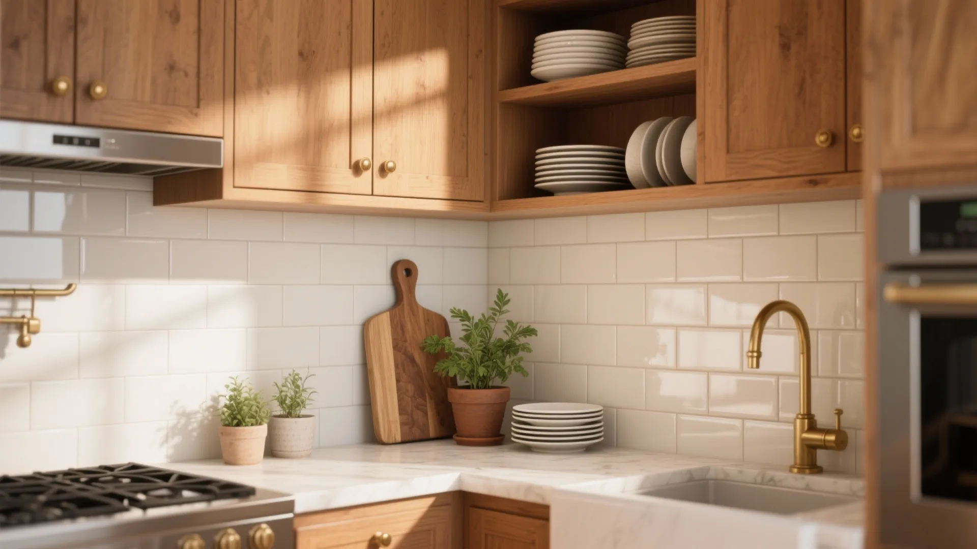 Kitchen backsplash with glossy white tiles paired with warm wood cabinets and brass hardware for a cozy look