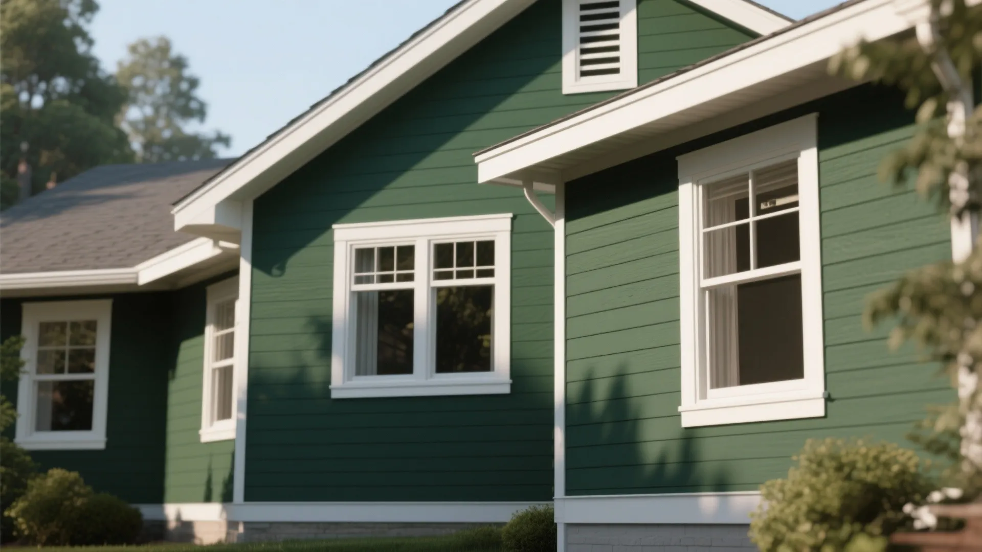 Deep green house exterior with crisp white trim around windows and eaves in soft daylight.