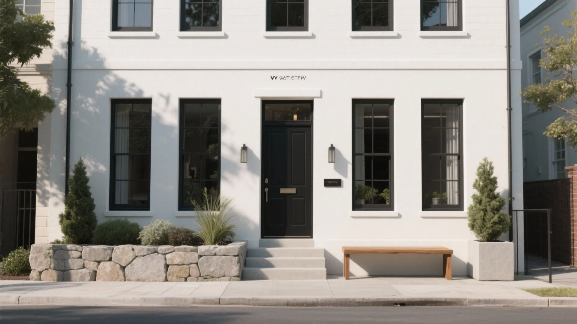White house facade with deep charcoal windows and black door, showing contrast and framed composition.