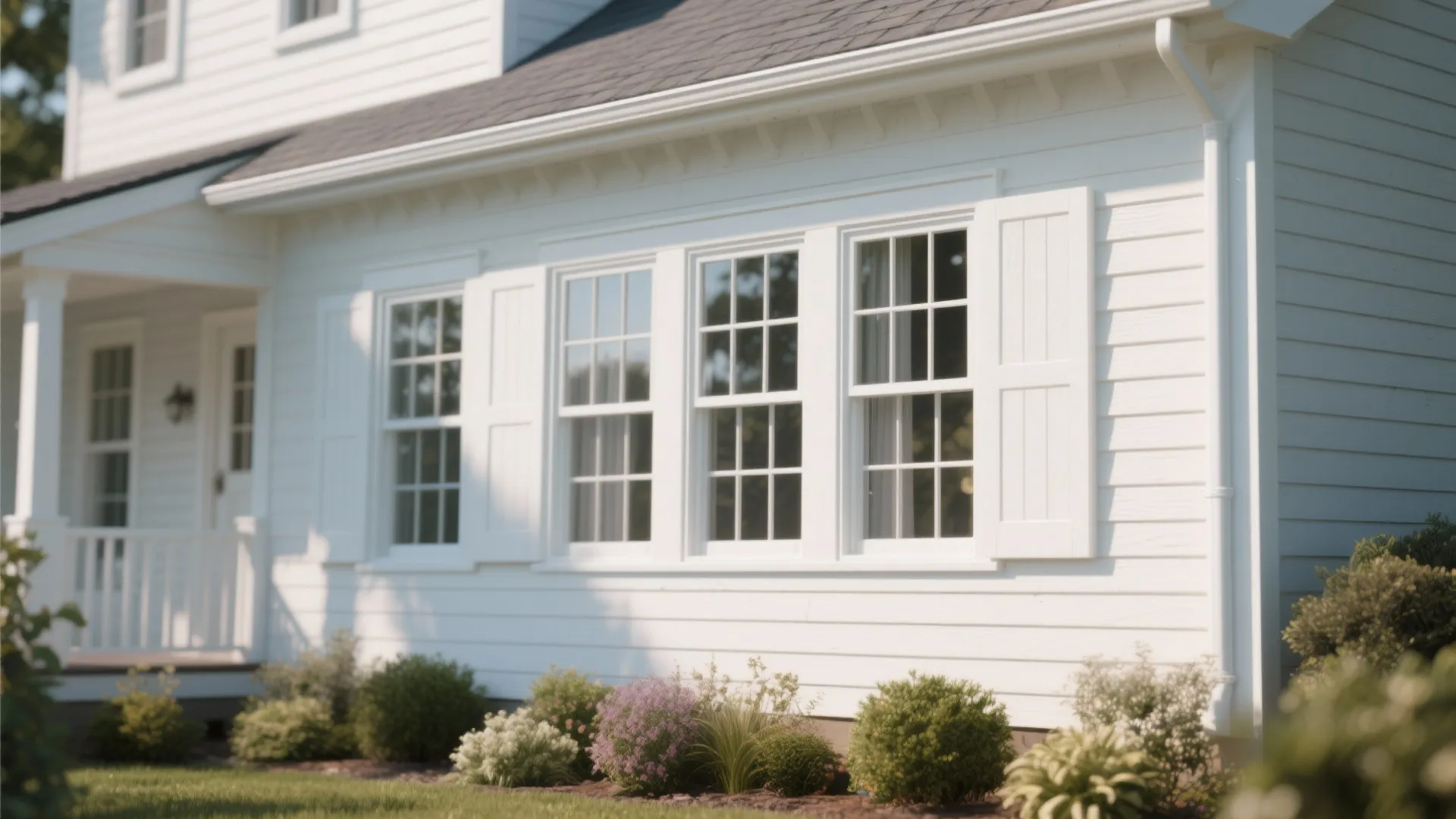 White house exterior with horizontal siding featuring multiple white windows and matching shutters near green bushes