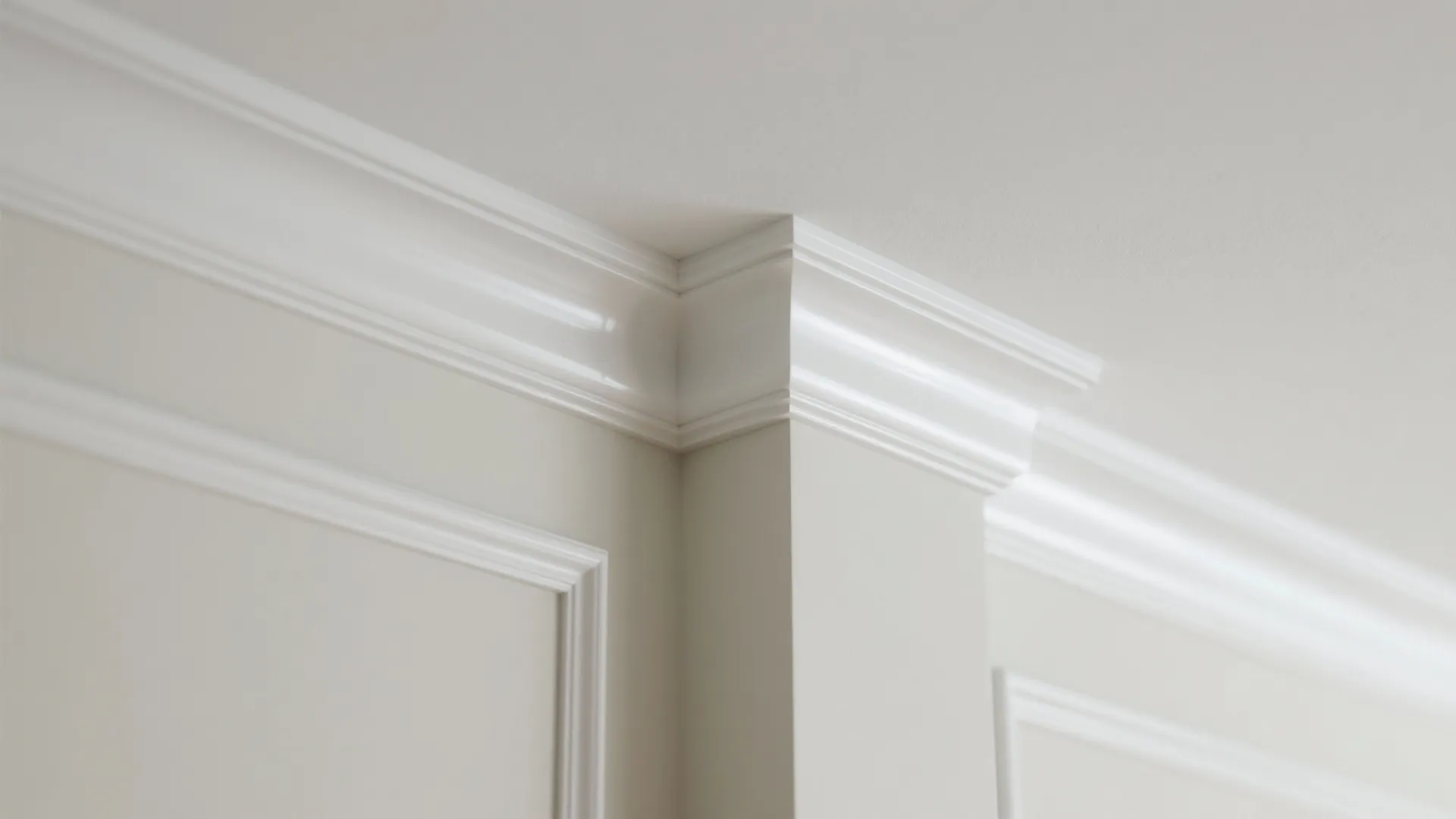 Close-up of crisp high-reflectance white ceiling and trim with pale wall, showing reflected light and texture.