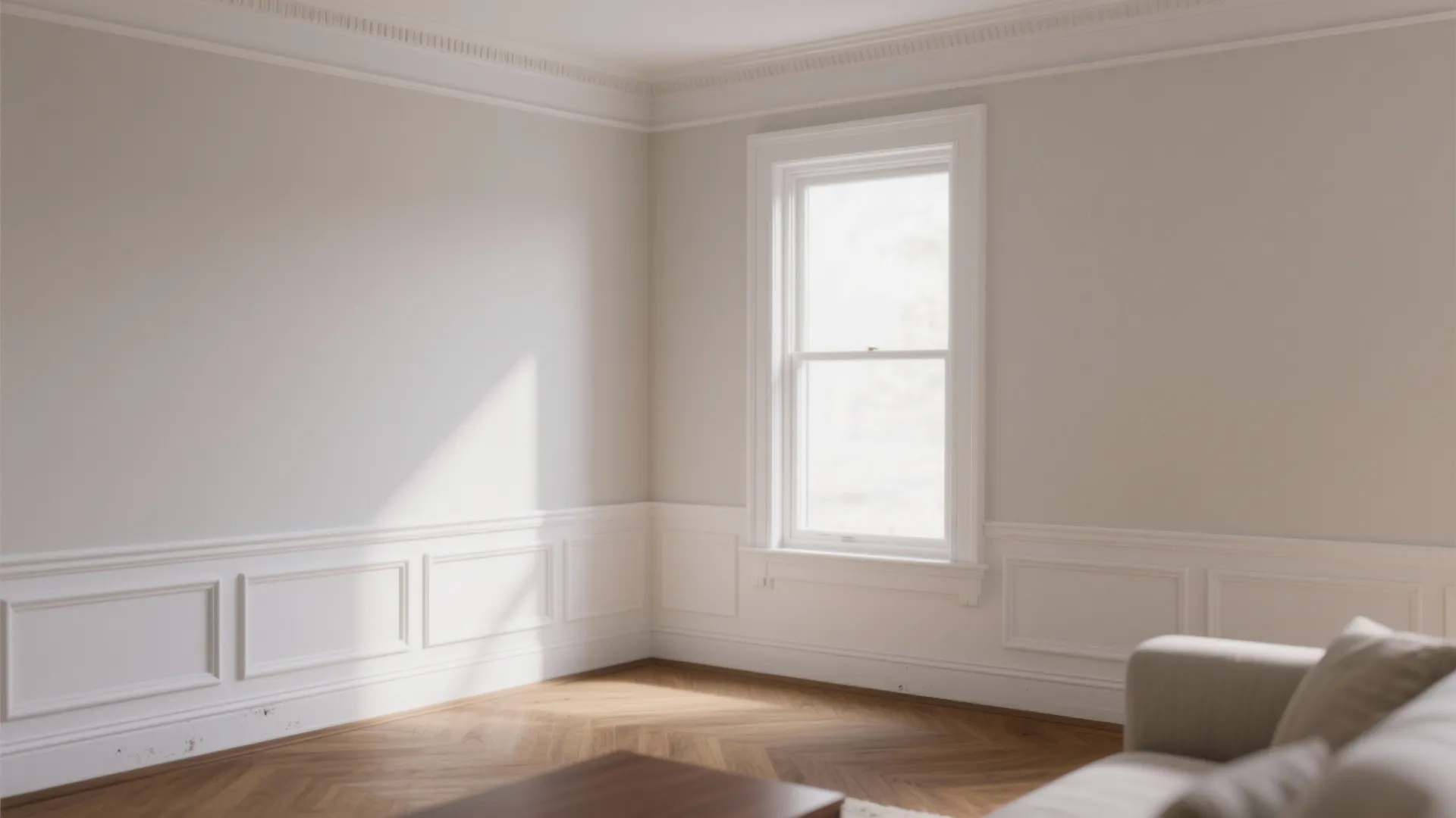 Empty living room with white wall panel design wood flooring a window and soft natural light