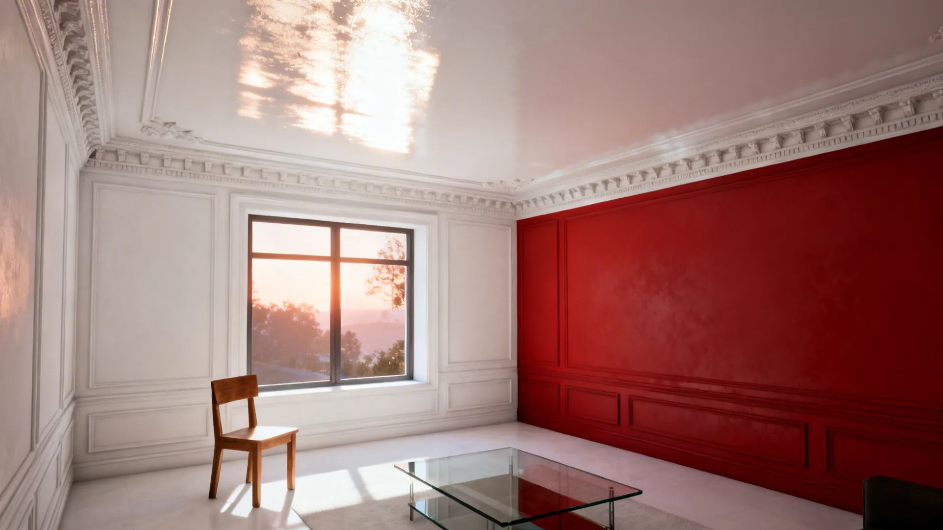 Red walls with crisp warm-white trims and ceiling reflecting daylight to brighten the room