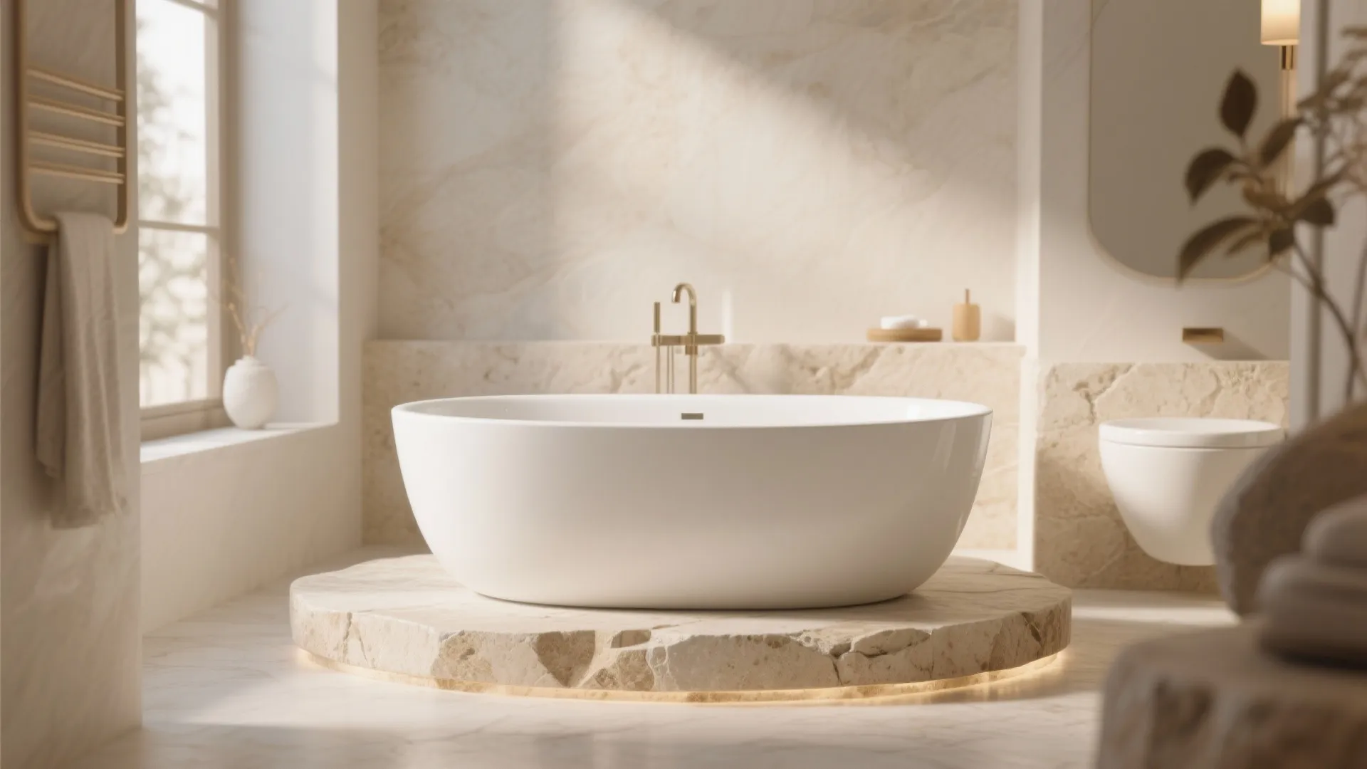 Modern white bathtub on stone platform with beige marble walls and warm natural sun light