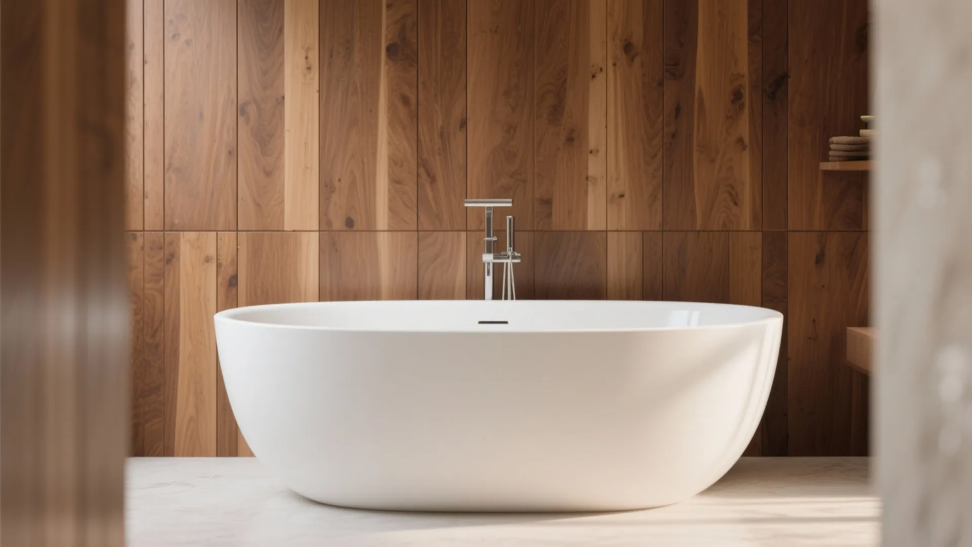 Modern white oval bathtub standing against a brown wood panel wall in a bright bathroom