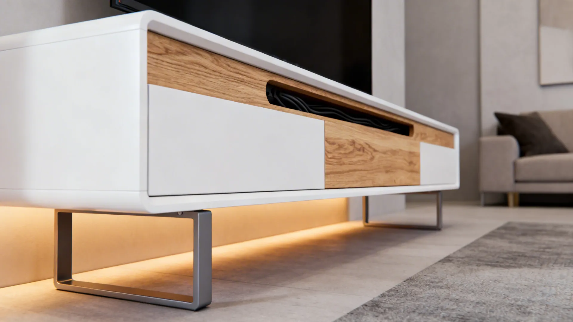 White TV console with matte lacquer and oak veneer accents showing cable management