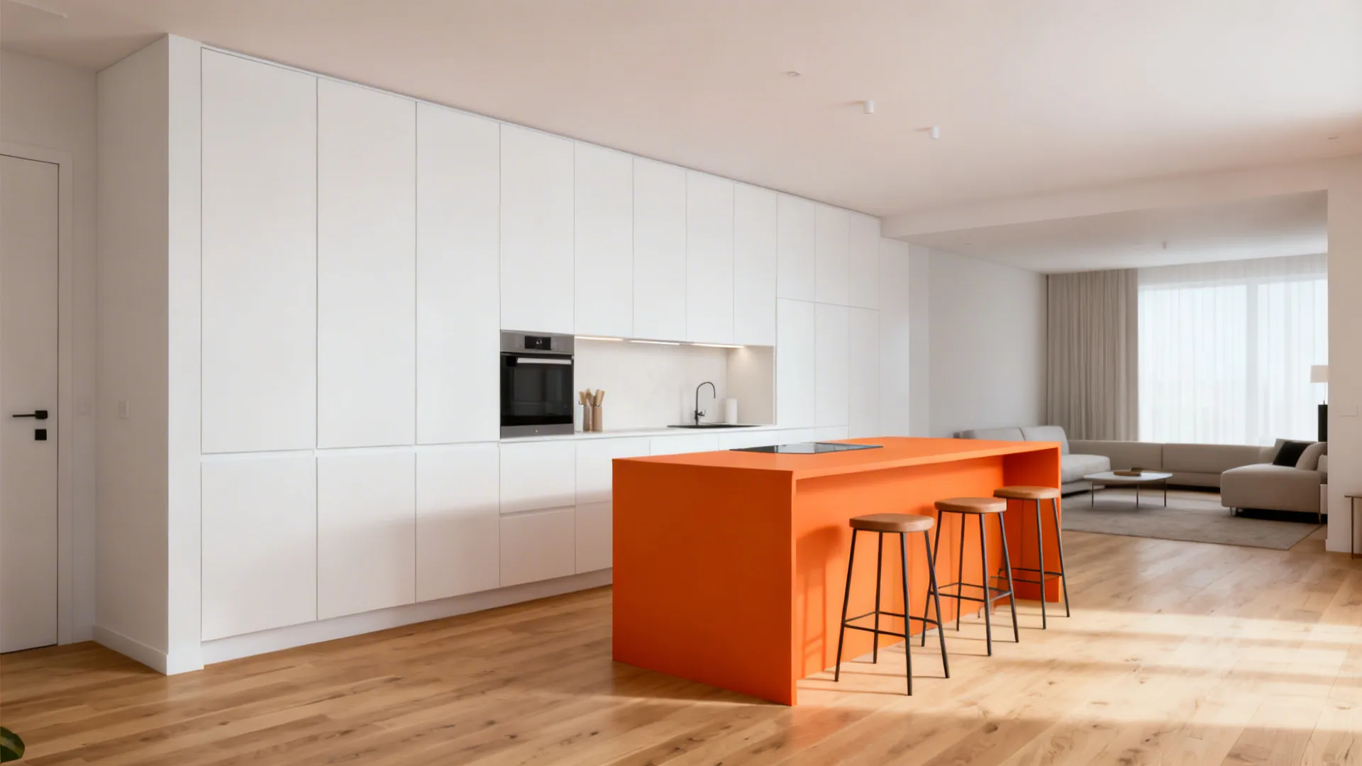 Open-plan kitchen with full-height white uppers and an orange waterfall peninsula.
