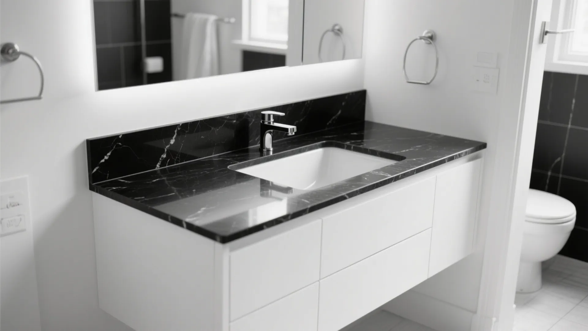 6. White Vanity with Black Countertop