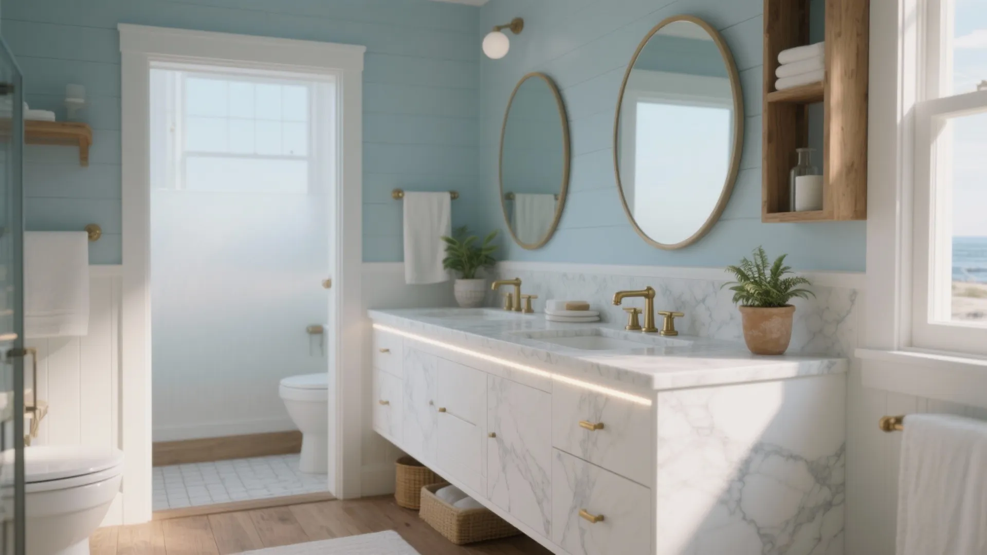 Bright coastal bathroom featuring a double white marble cabinet blue walls and two round mirrors