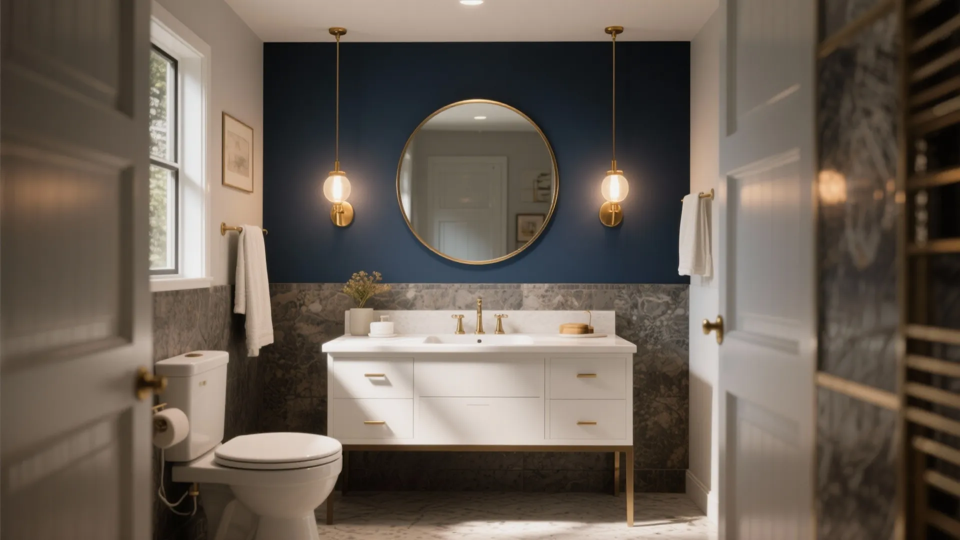 4. Two-tone approach: white vanity, colored mirror wall