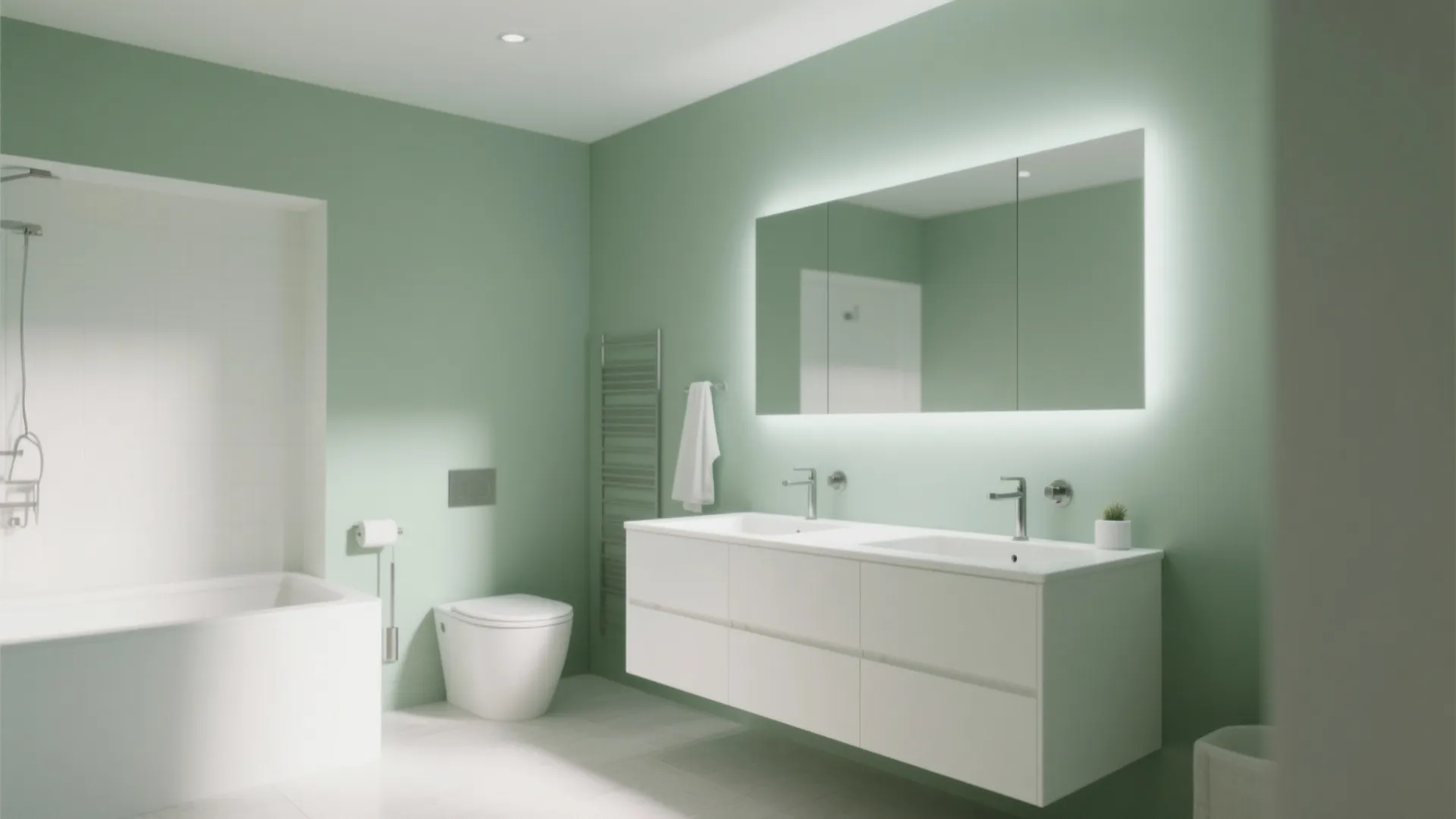 2. White Vanity with Sage Green Walls