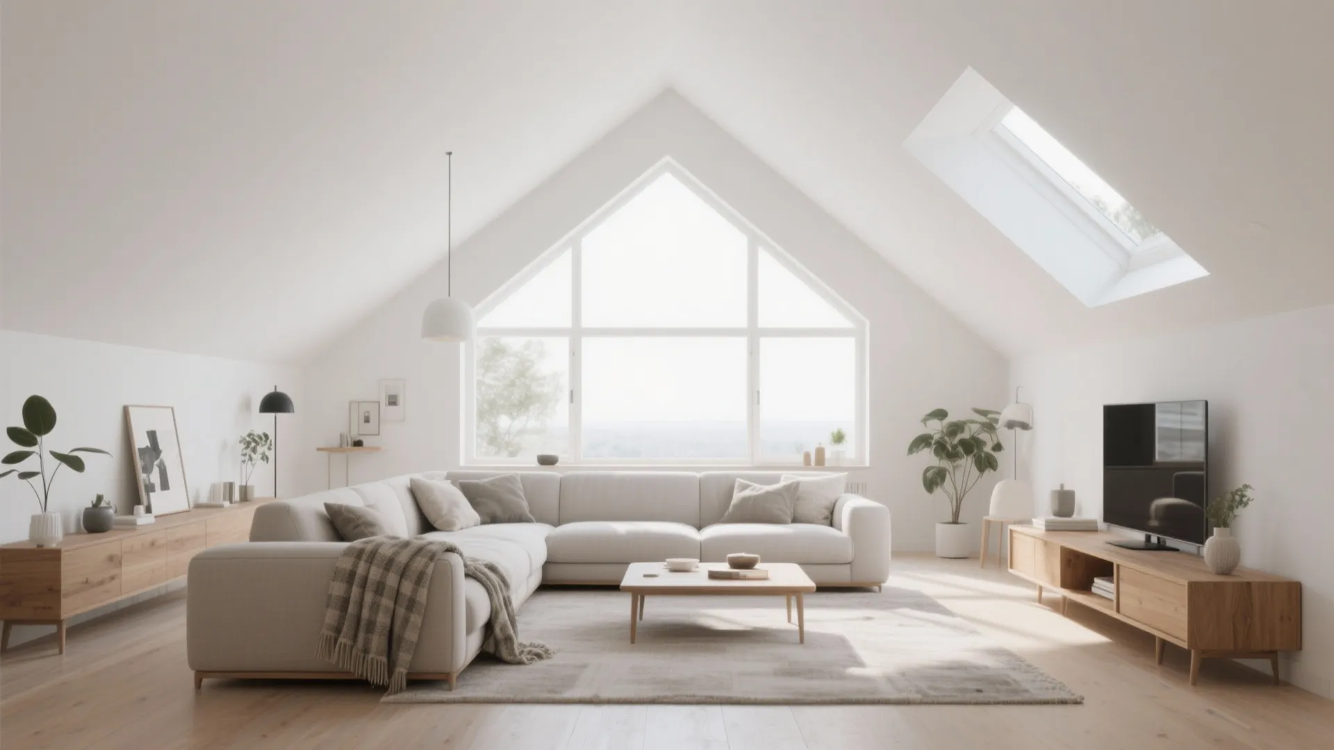 Modern bright living room with white vaulted ceiling large windows beige sofa and wooden furniture