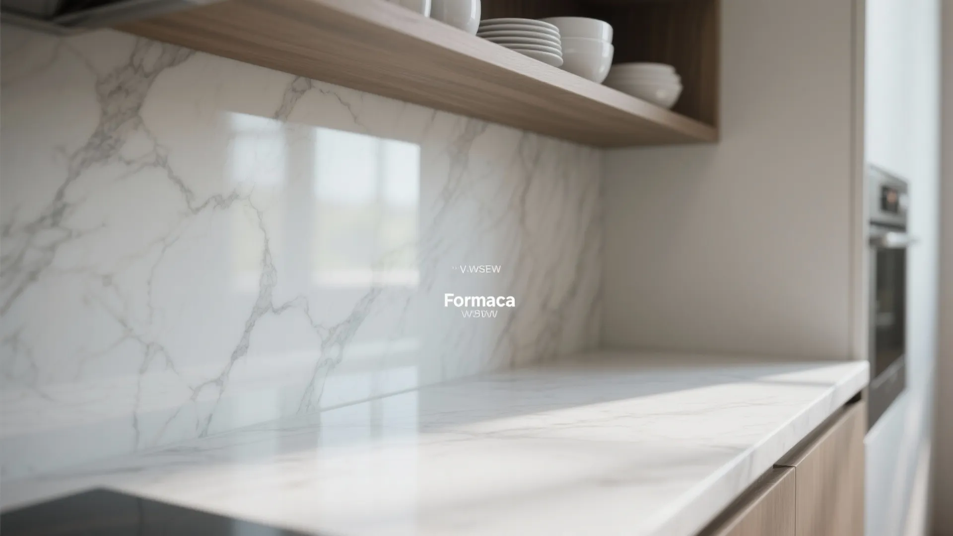 Close-up of matte white Formica with subtle gray veining under natural light.