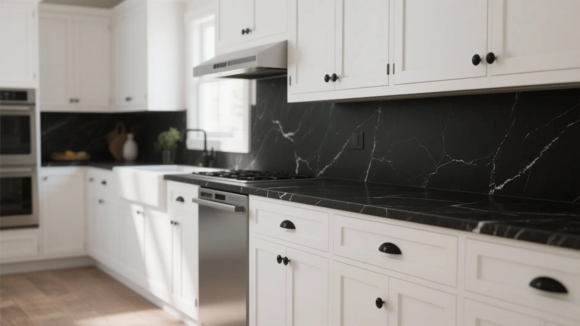 1. High-contrast classic: White cabinets + black countertops