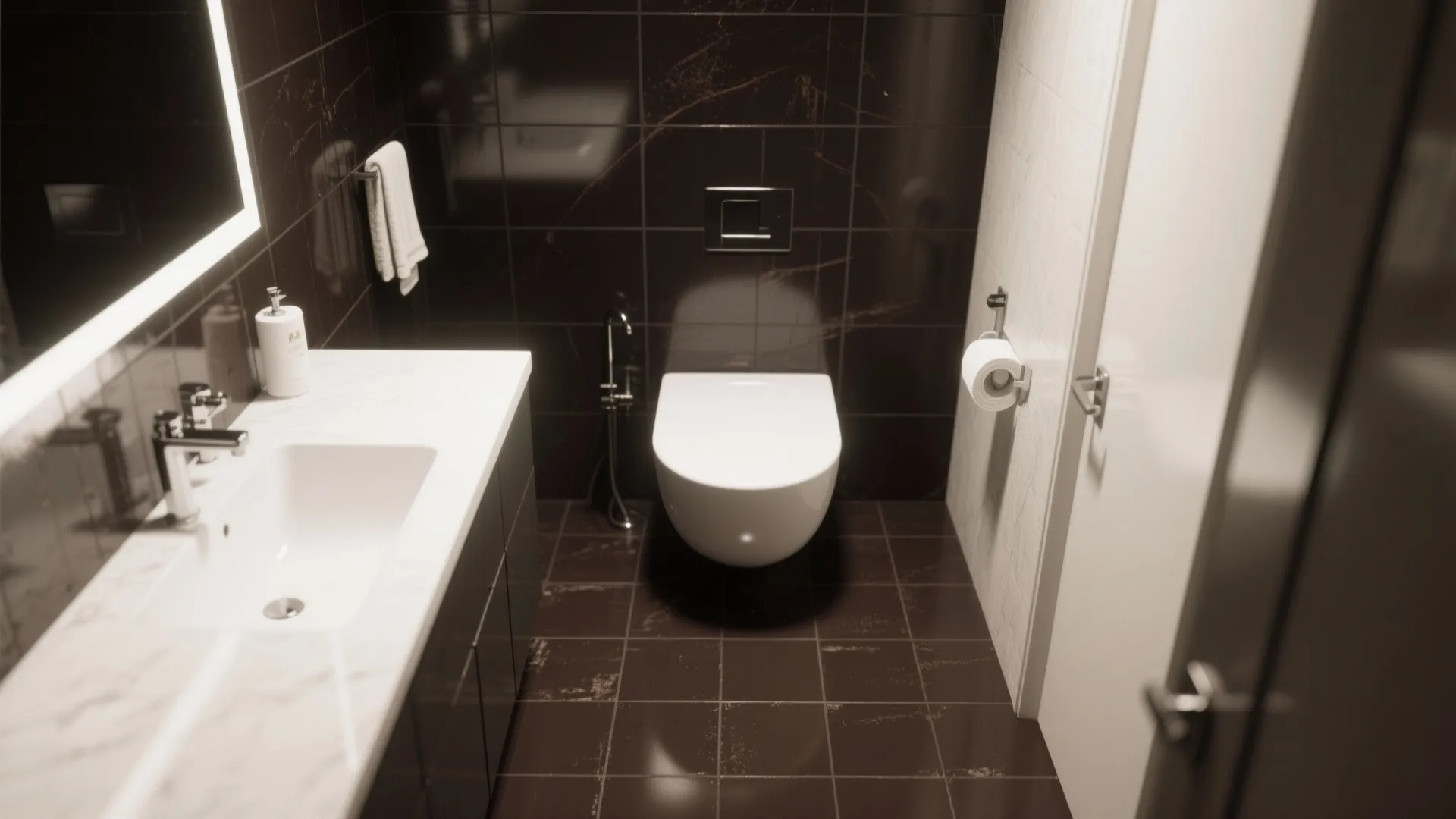 2. Crisp white fixtures to lift chocolate tiles