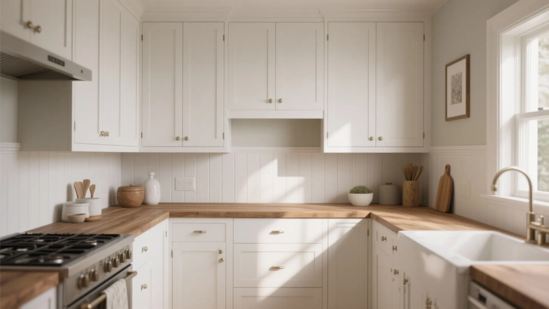 1. Classic White with Warm Wood Countertops