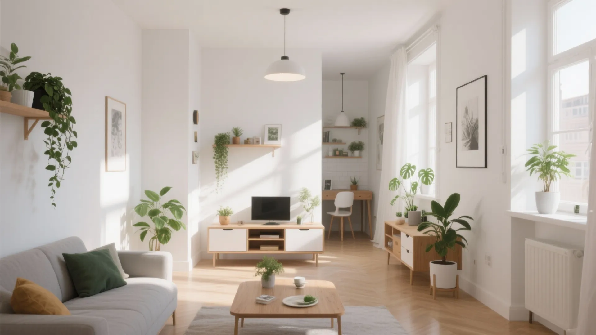 Bright living room with white walls grey sofa wooden table ceiling light and many green plants