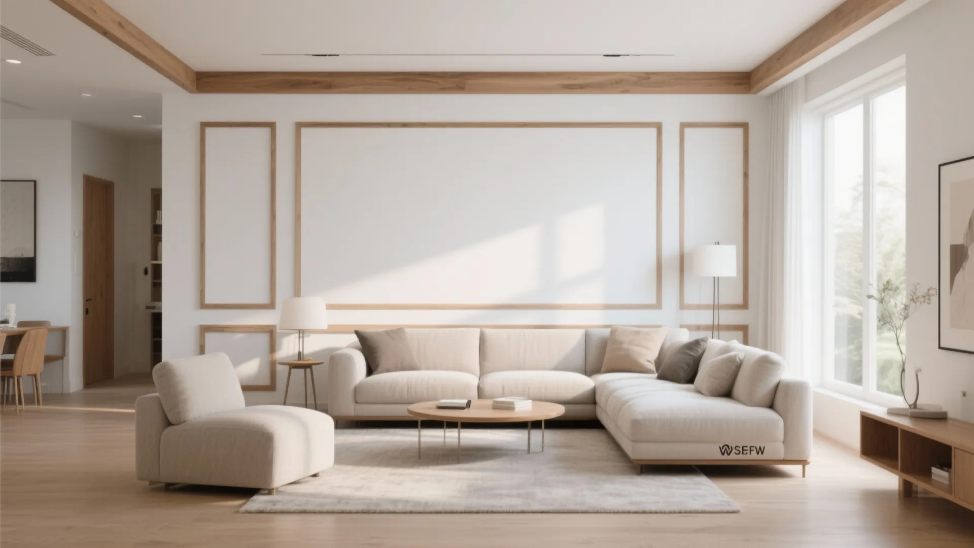 White Accent Wall with Wood Trim