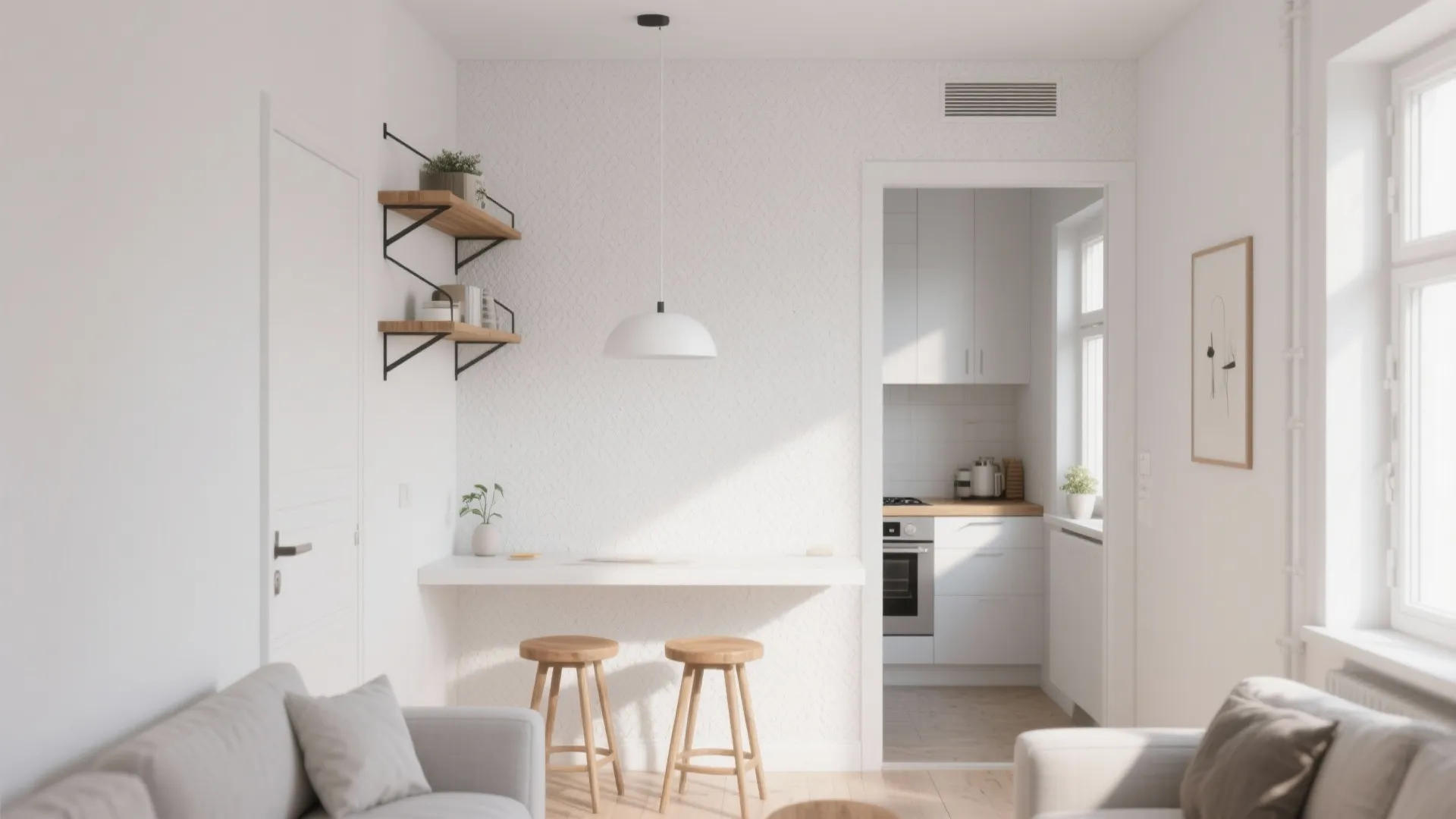 Modern white studio apartment with breakfast bar wooden stools shelving unit and open kitchen view