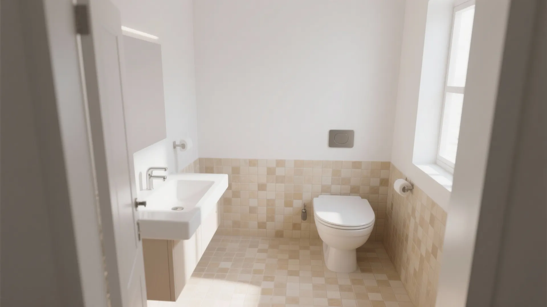 Bright bathroom with beige mosaic wall tiles and white walls featuring modern sink and toilet