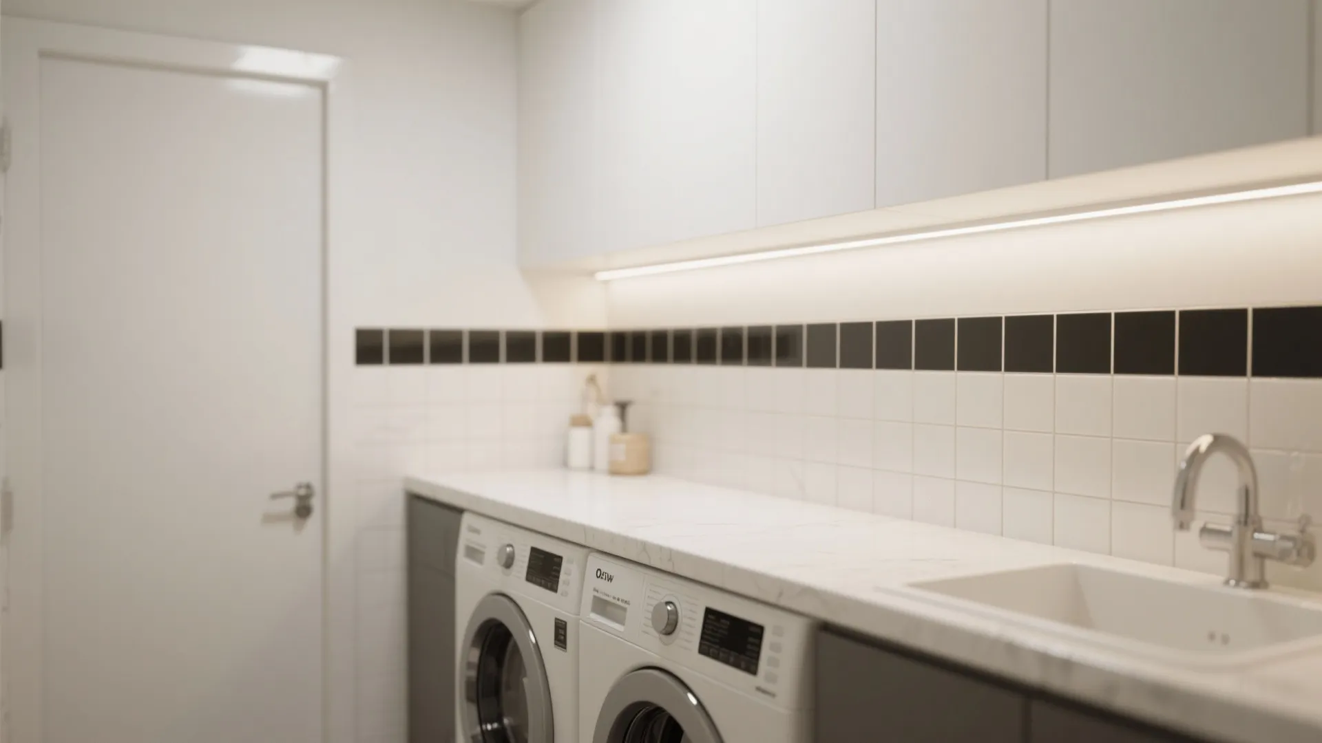 White Walls, Black Tile Accents, and a Light Backsplash
