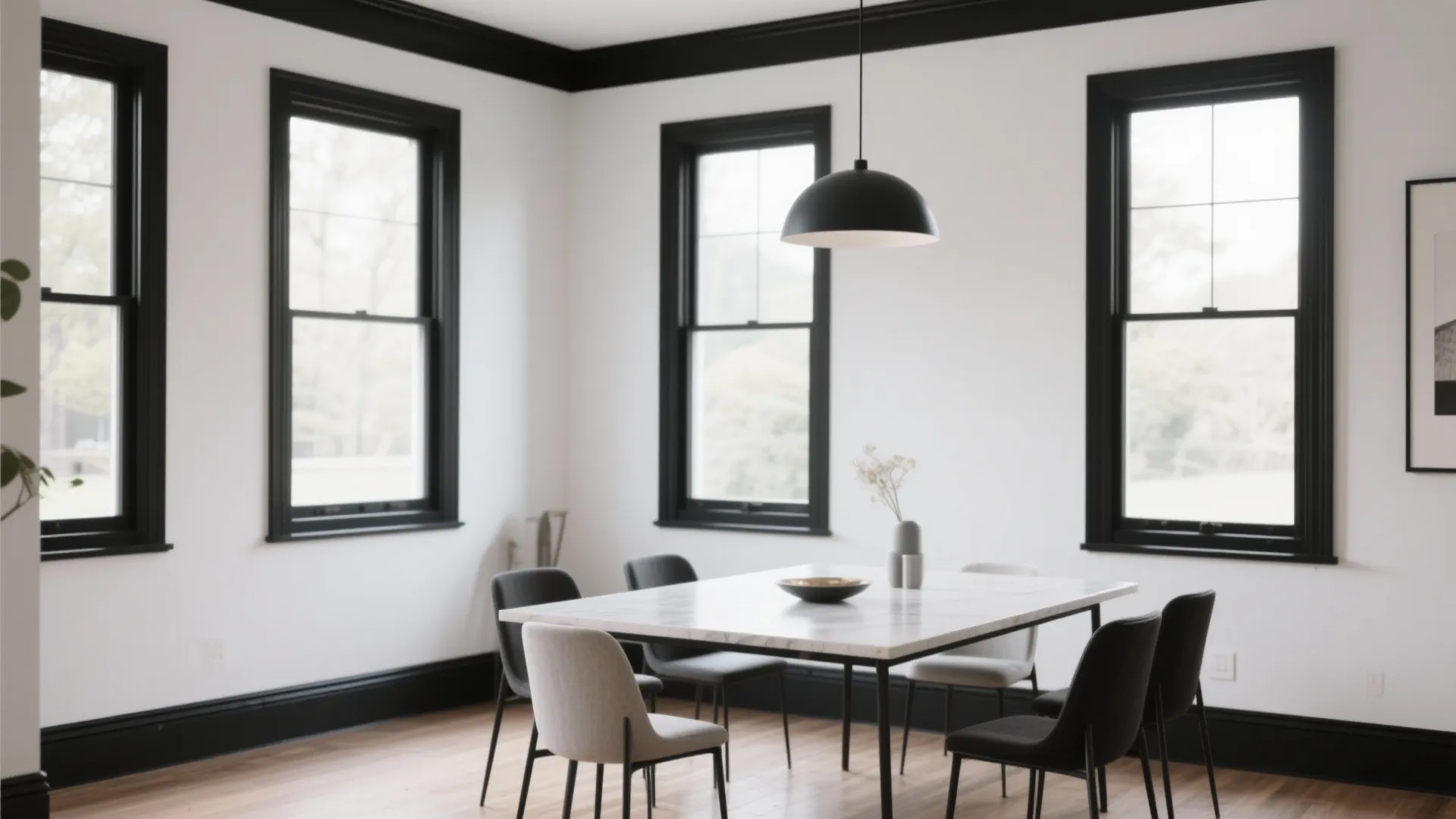 Modern dining room featuring white walls with black window frames marble table and black ceiling light