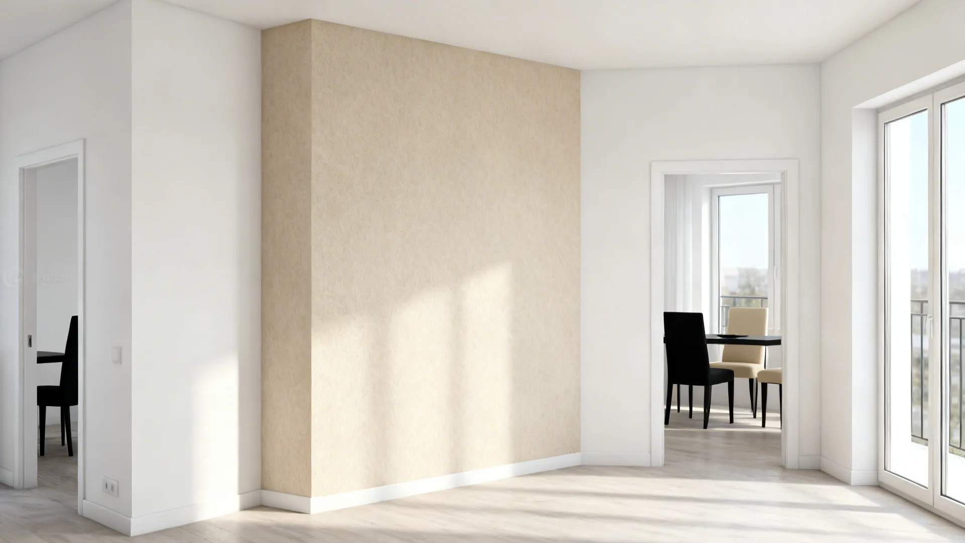 Bright living corner with three white walls and a textured beige wallpaper accent wall.