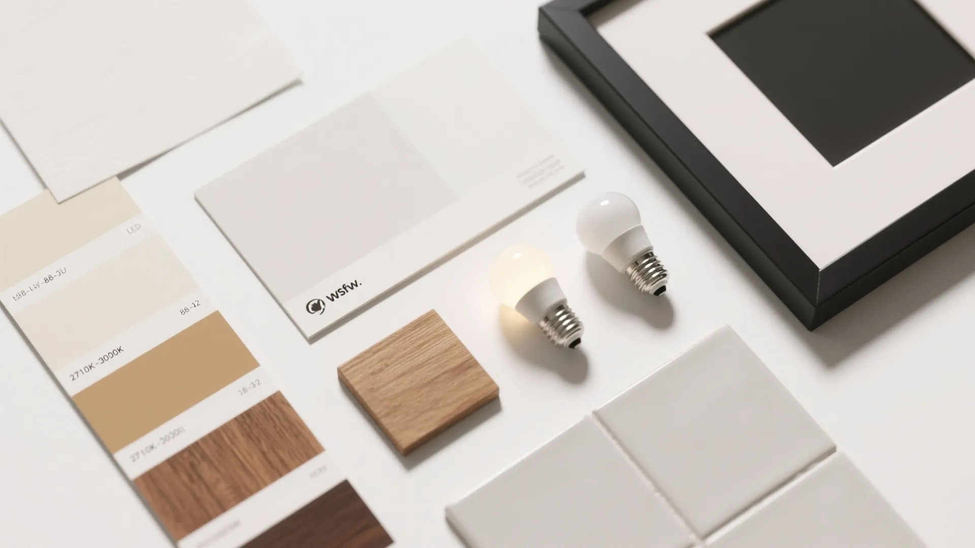 Interior design mood board with color samples light bulbs wood block tiles and a frame