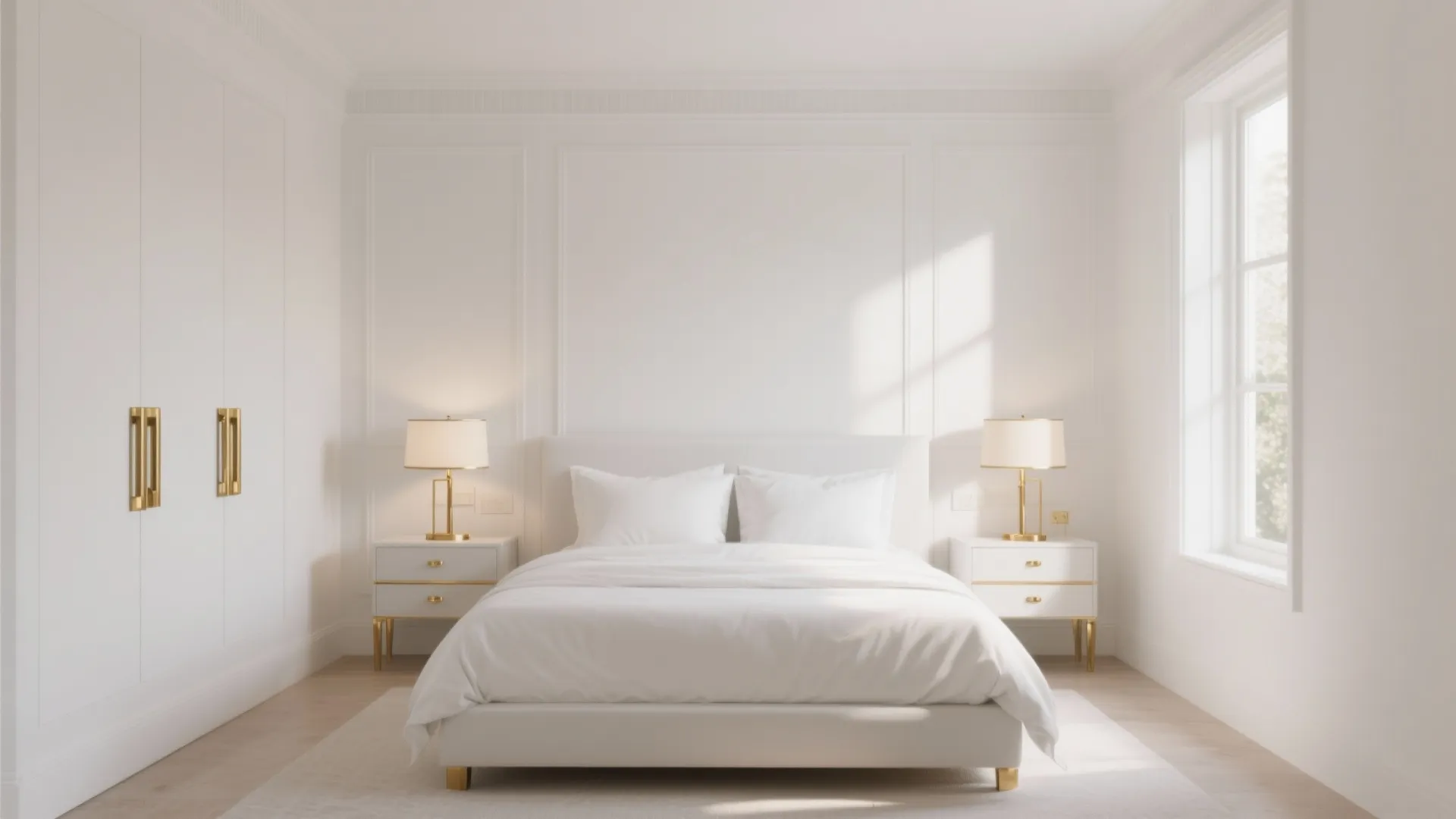 1. Crisp White Walls with Brushed Gold Fixtures