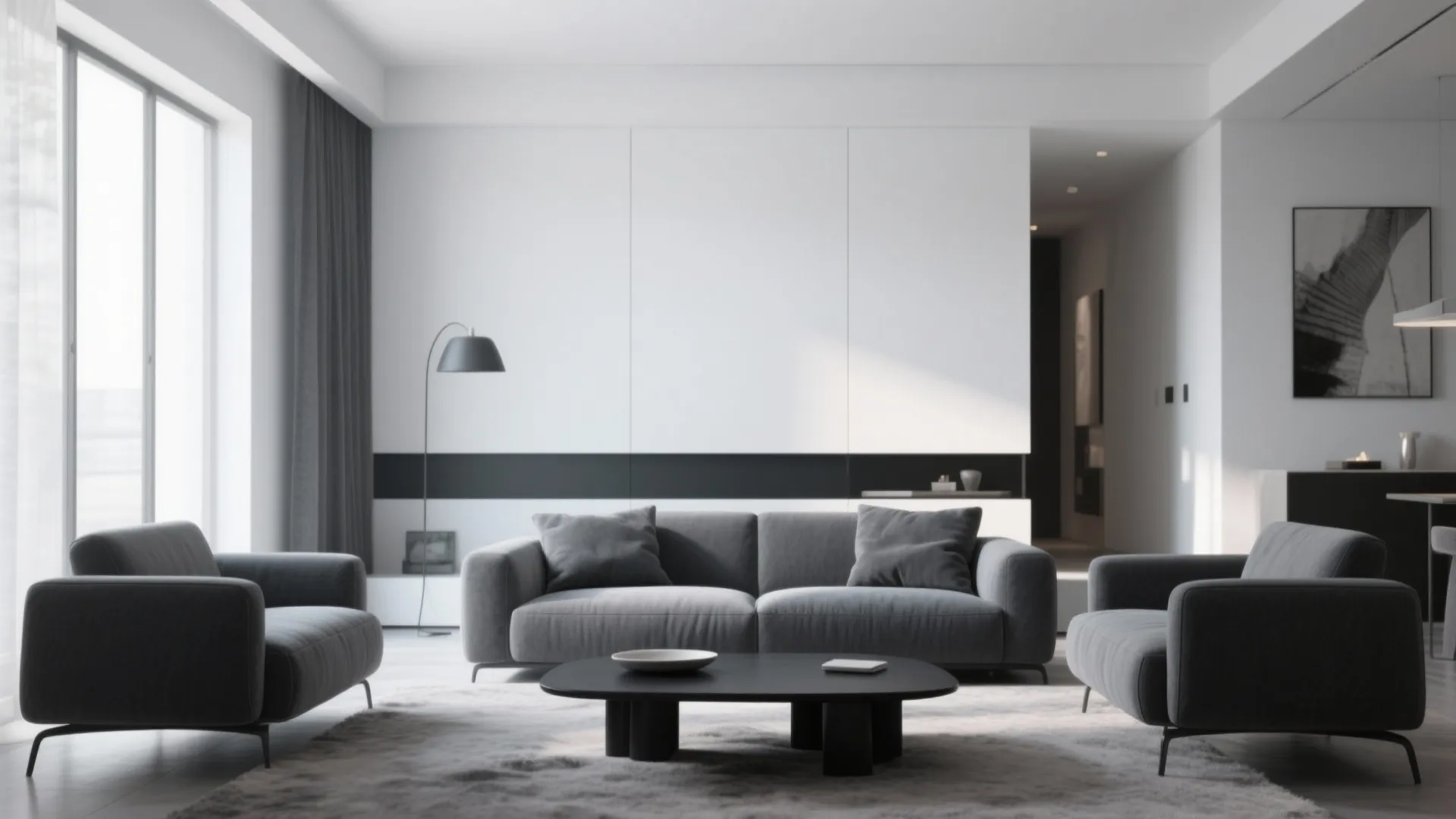 3. White Walls with Grey and Black Furnishings