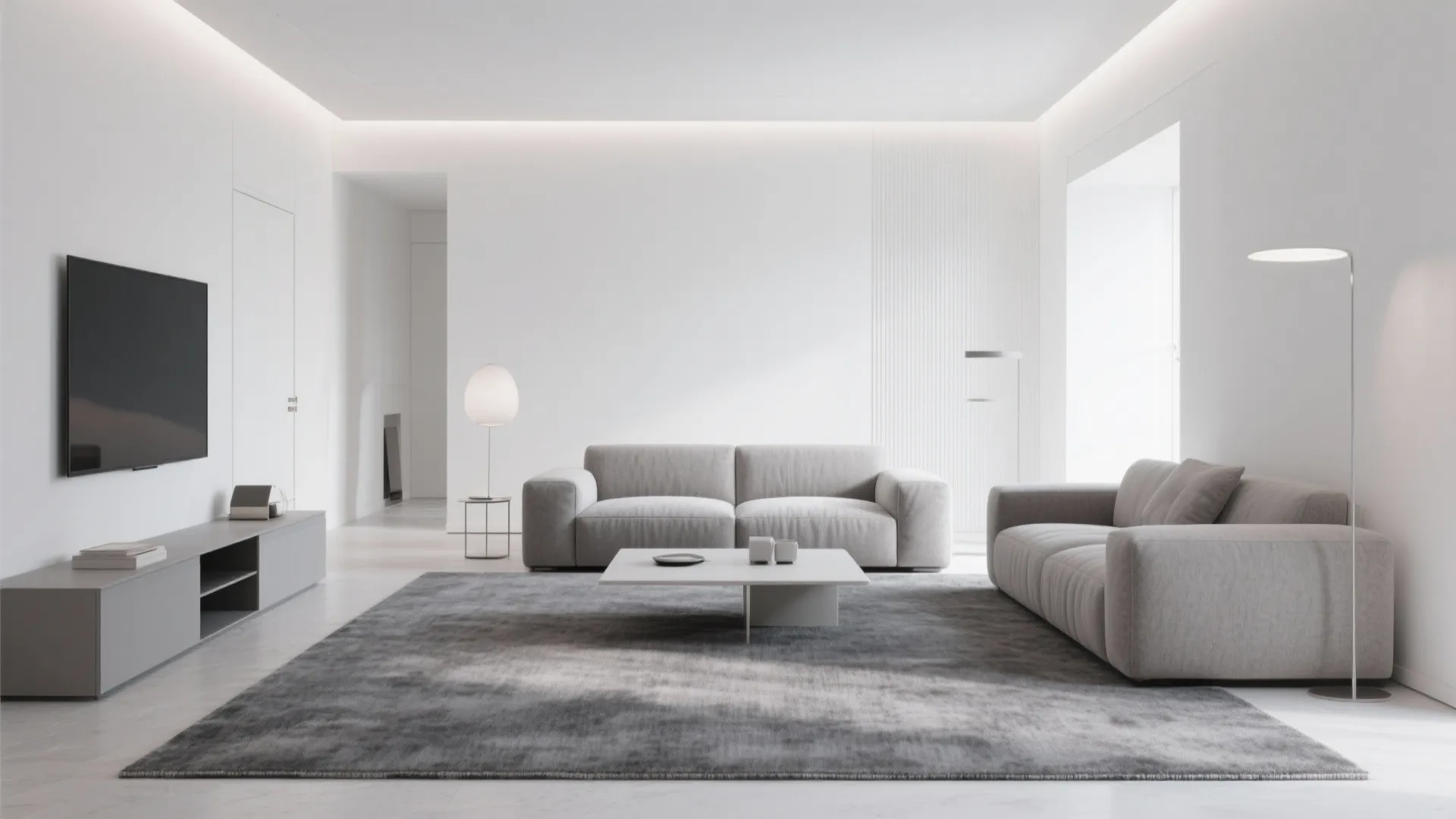 Minimalist living room with crisp white walls and grey carpet