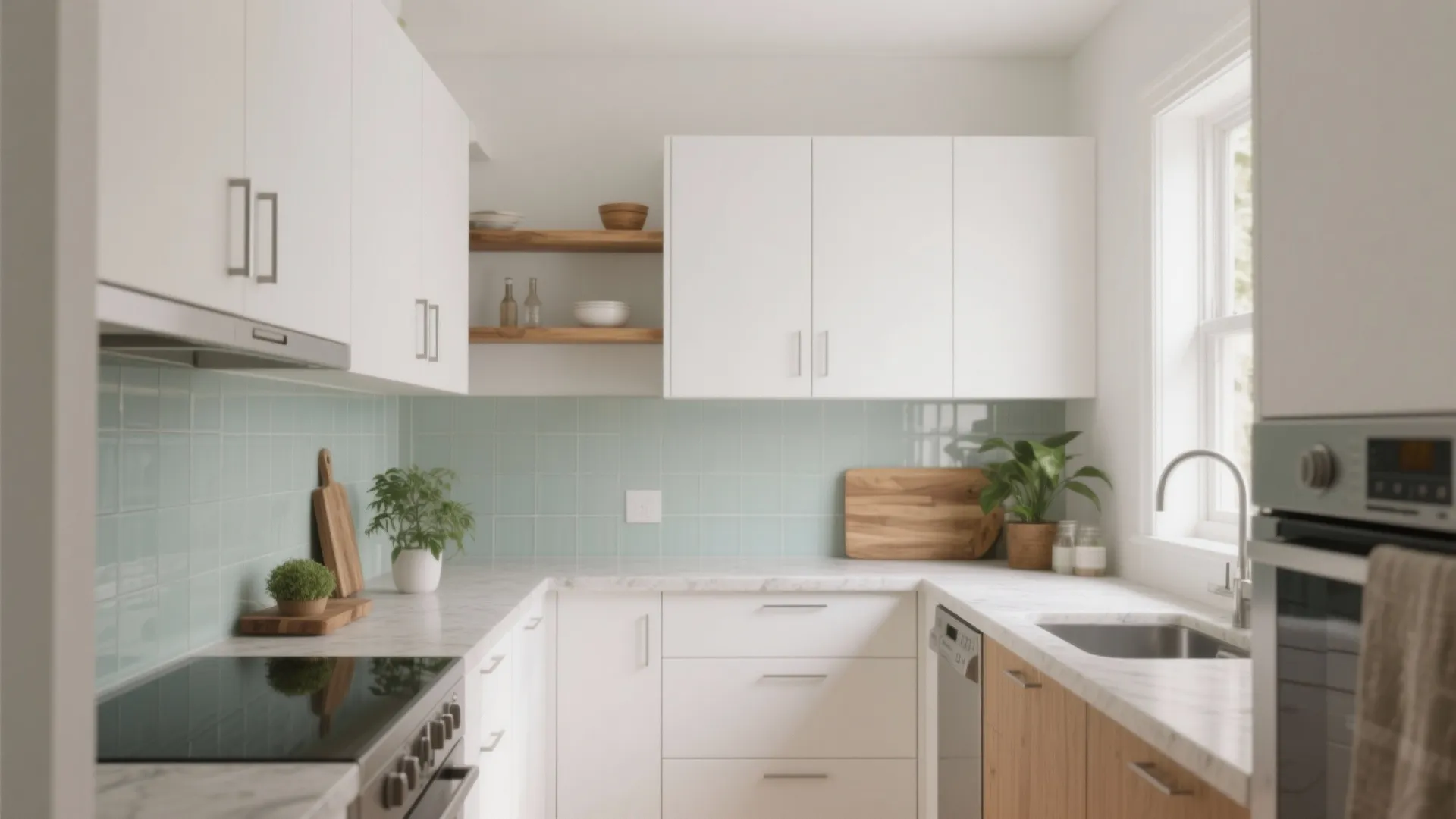 Modern kitchen with white cabinets green tile backsplash marble countertop wooden shelves and small plants