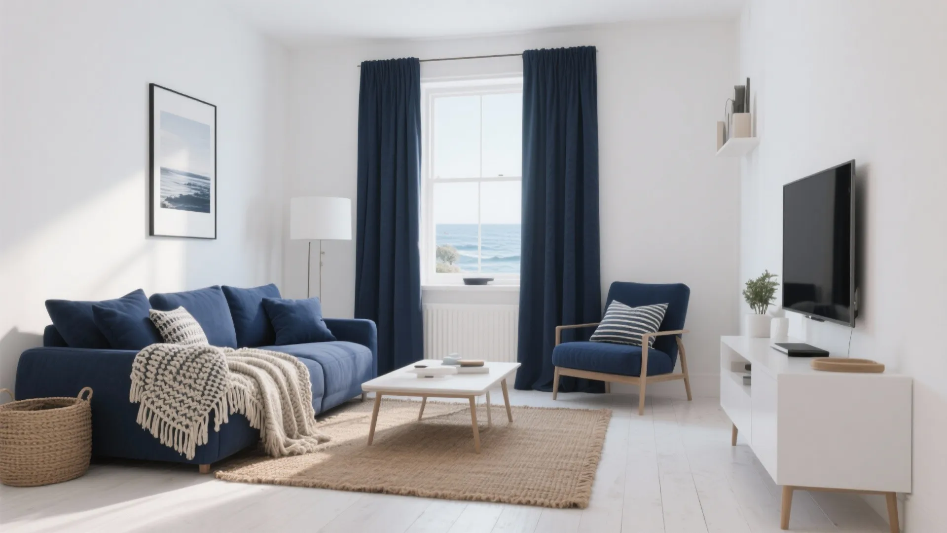 White living room featuring navy blue sofa dark blue curtains white cabinet and brown rug