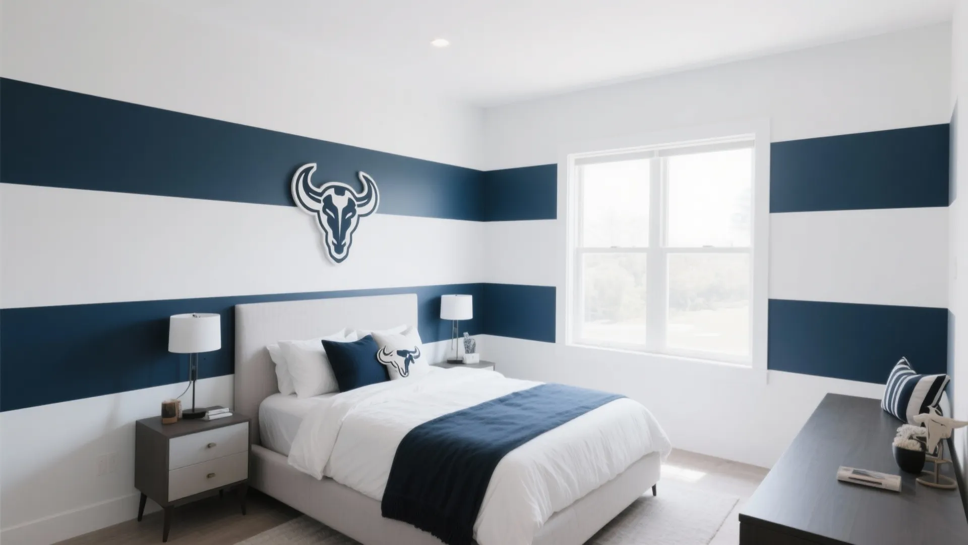 White-walled bedroom with bold navy stripes for team pride