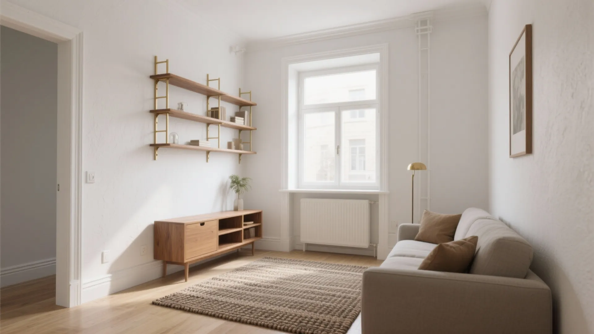 Minimalist living room with white walls wooden cabinet wall shelves grey sofa and floor rug