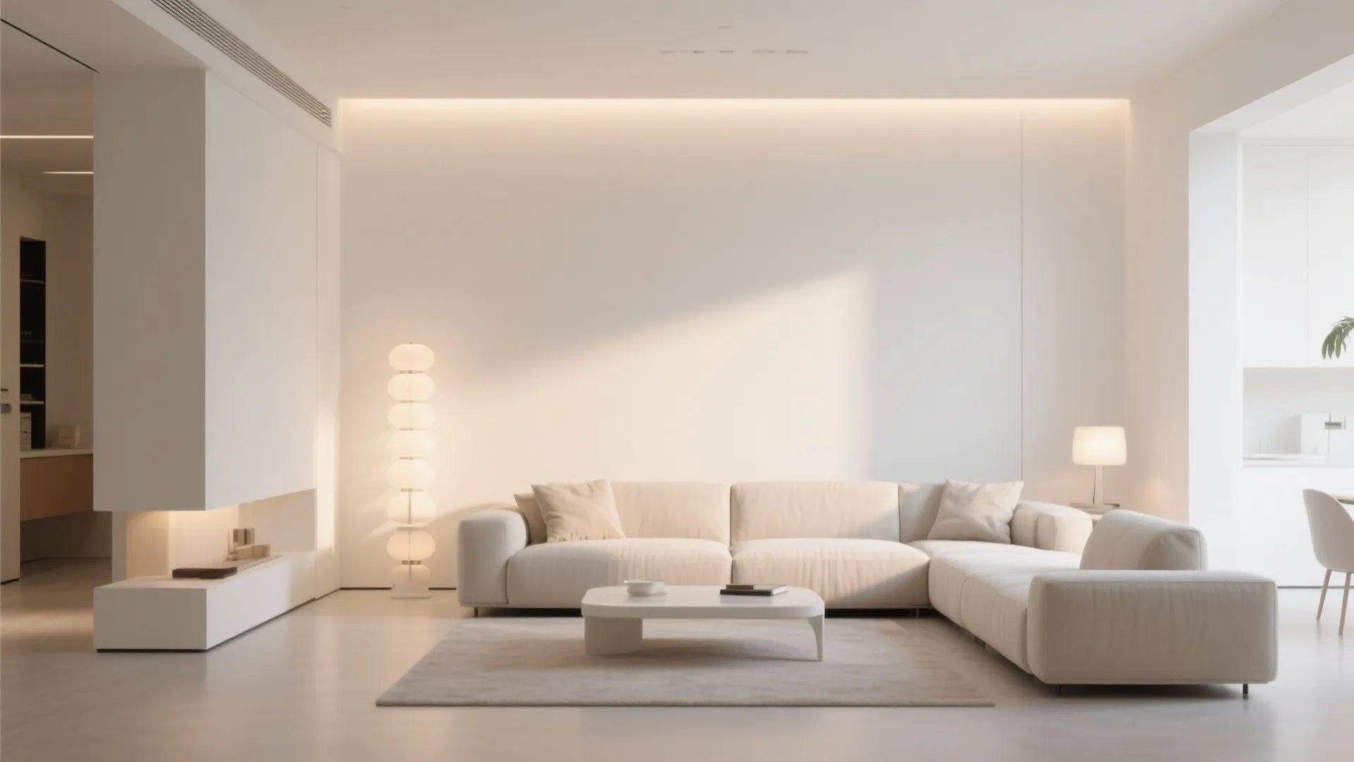 Minimalist white living room with cream sofa coffee table warm light fixture and soft shadows