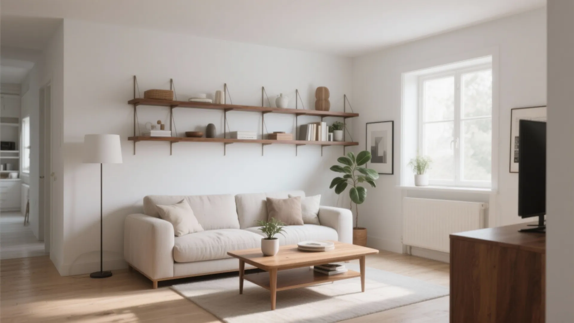 2. White walls, brown wood accents