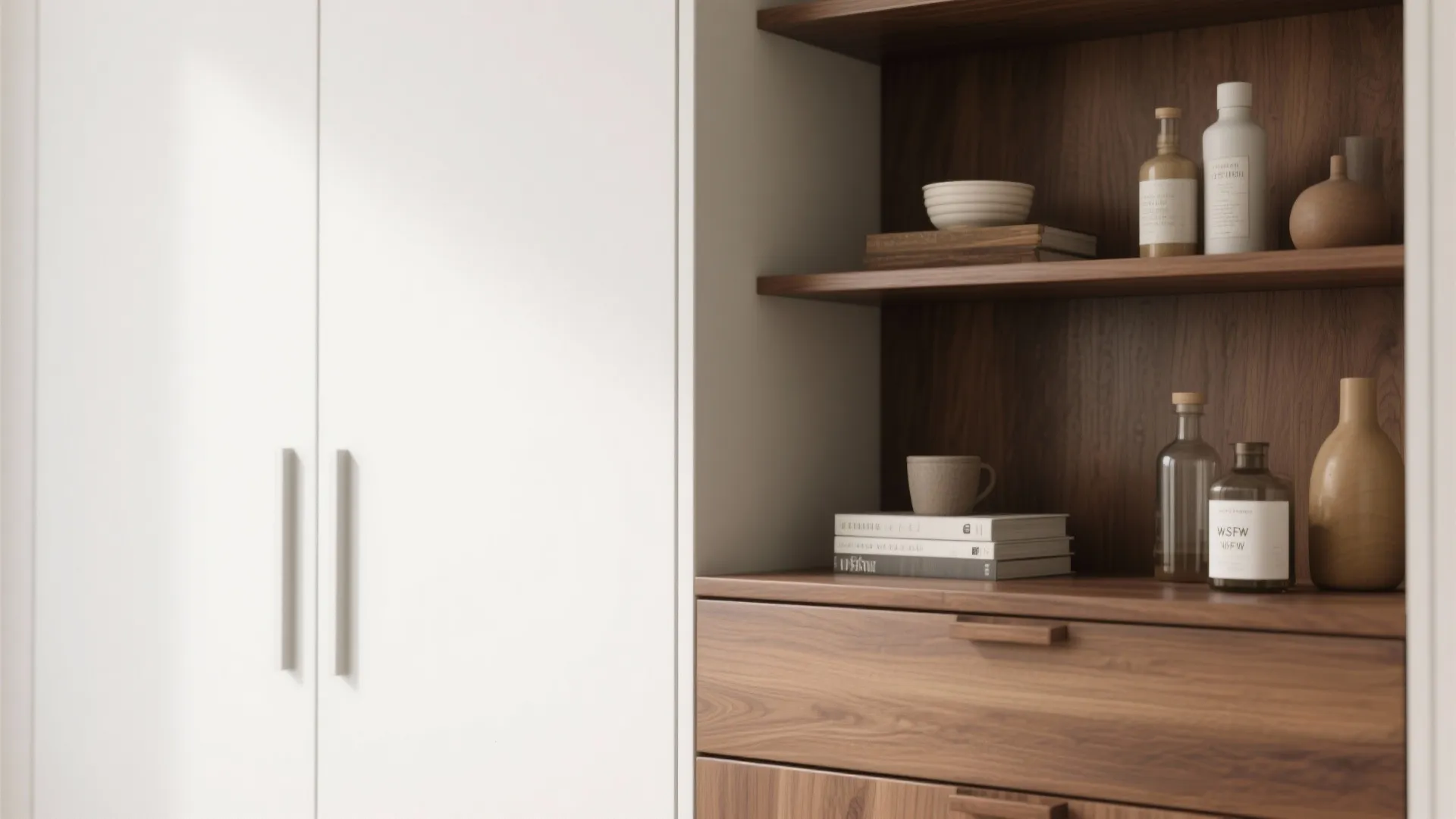 1. Crisp white cabinets with walnut accents