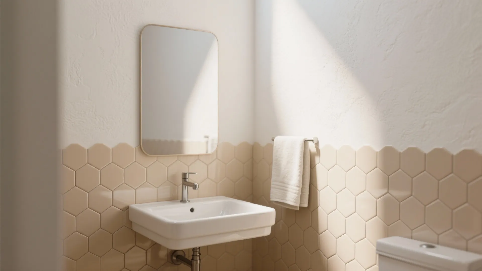 Minimalist bathroom featuring white sink and beige hexagon wall tiles with a simple rectangular wall mirror