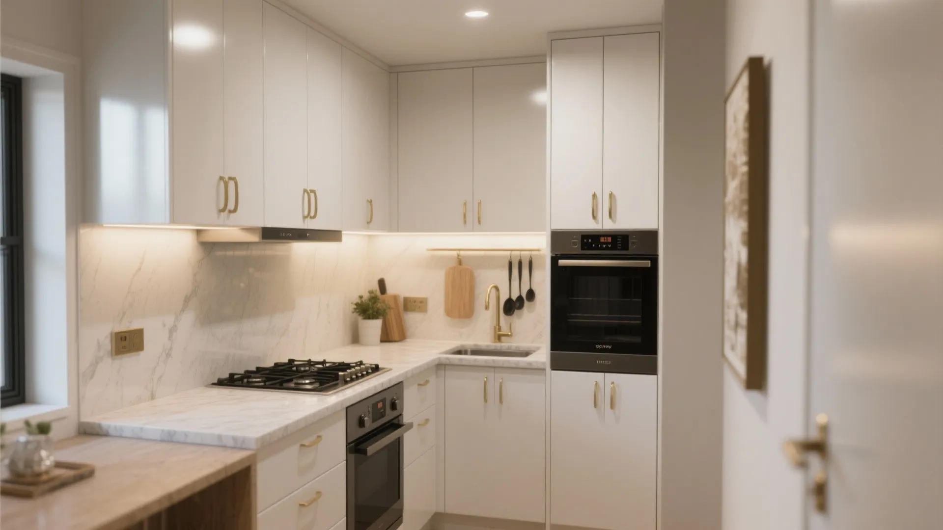 Modern white kitchen interior design featuring marble countertops gold handles built in oven and stove
