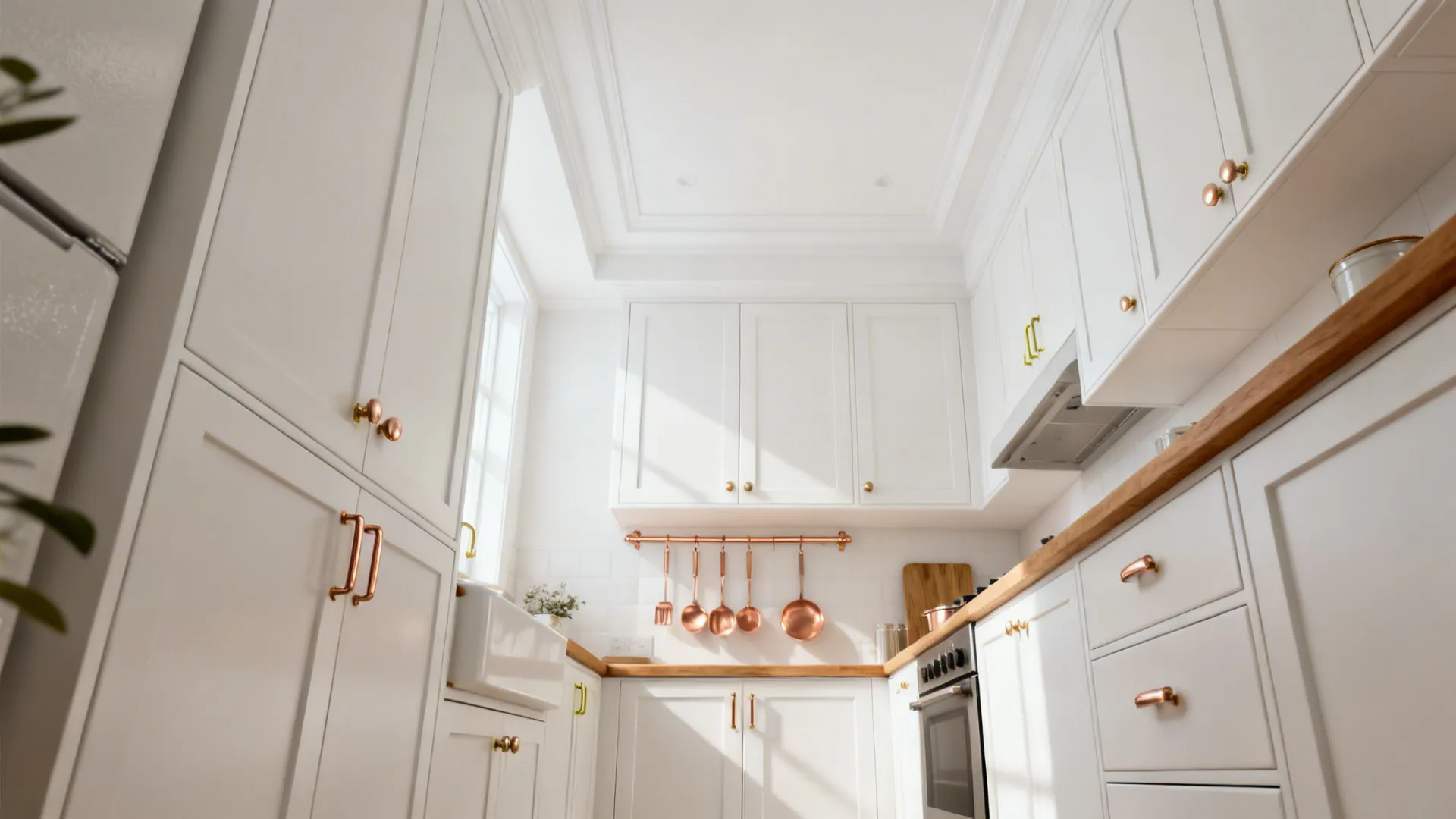 Small white kitchen layered with warm brass and copper accents under soft daylight.